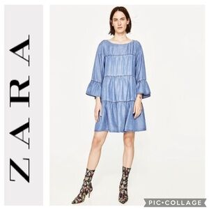 ZARA Women Premium Denim Collection Chambray Tiered Mini Dress Size Medium